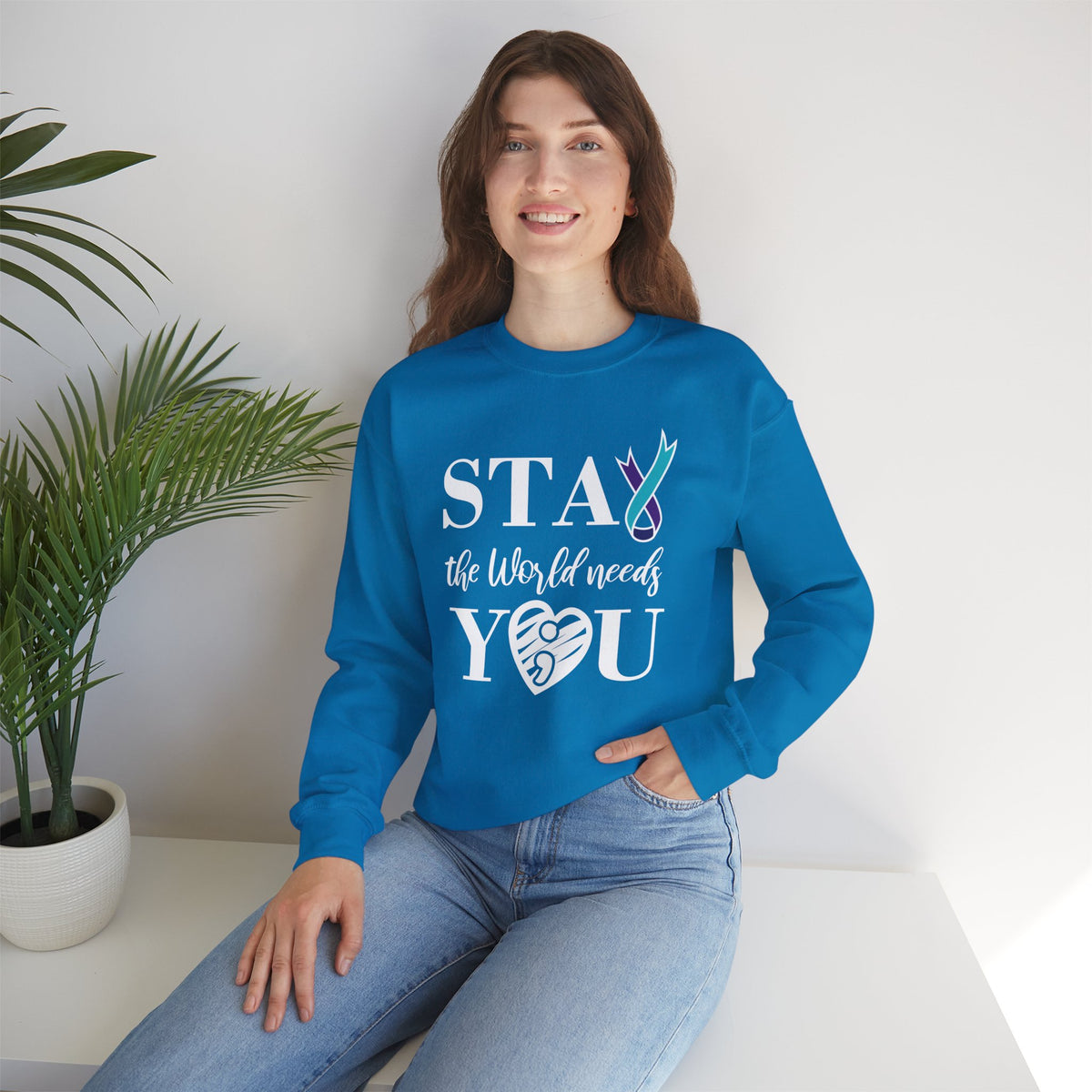 STAY The World Needs You Sweatshirt | Semicolon Ribbon Mental Health Crewneck | Cr8tive Designs