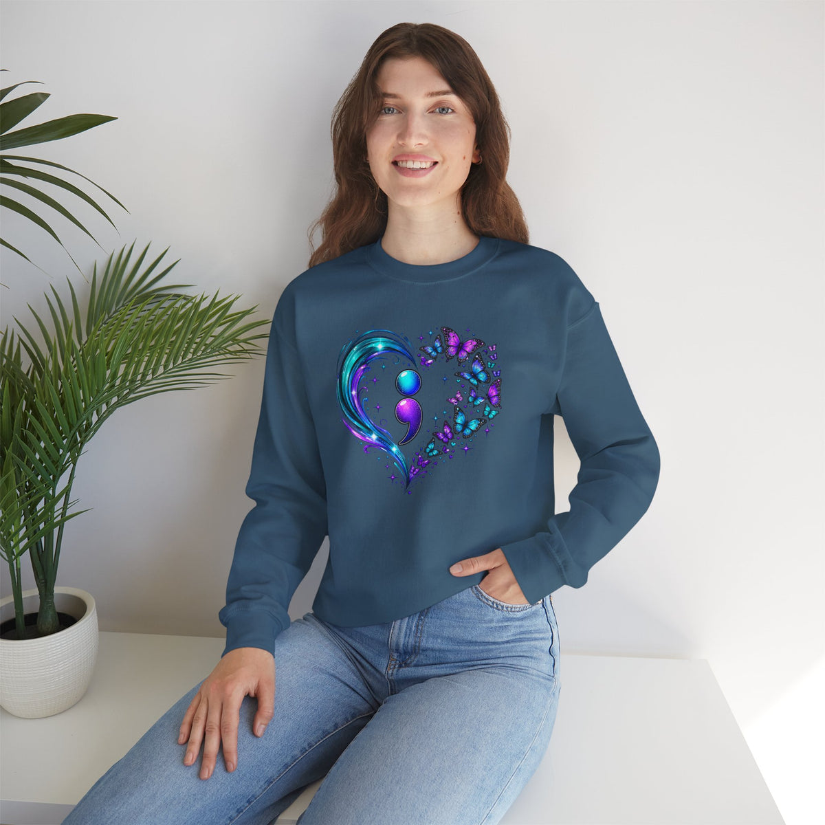 Semicolon Butterfly Heart Sweatshirt | Mental Health Awareness Crewneck | Cr8tive Designs