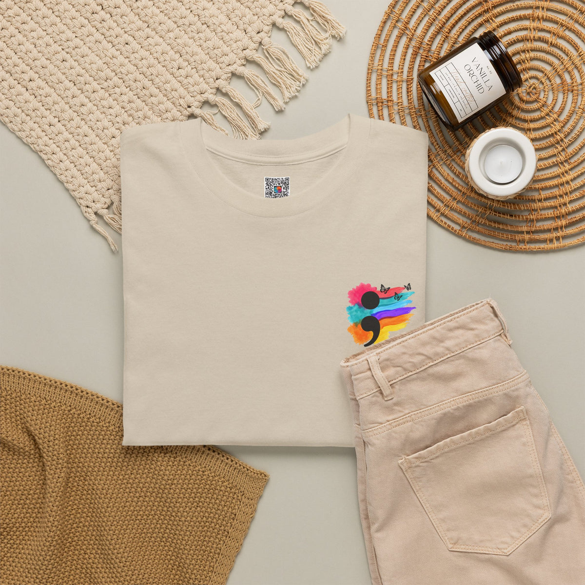 Watercolor Semicolon T-Shirt | Rainbow Splash Mental Health Pocket Print Tee | Cr8tive Designs
