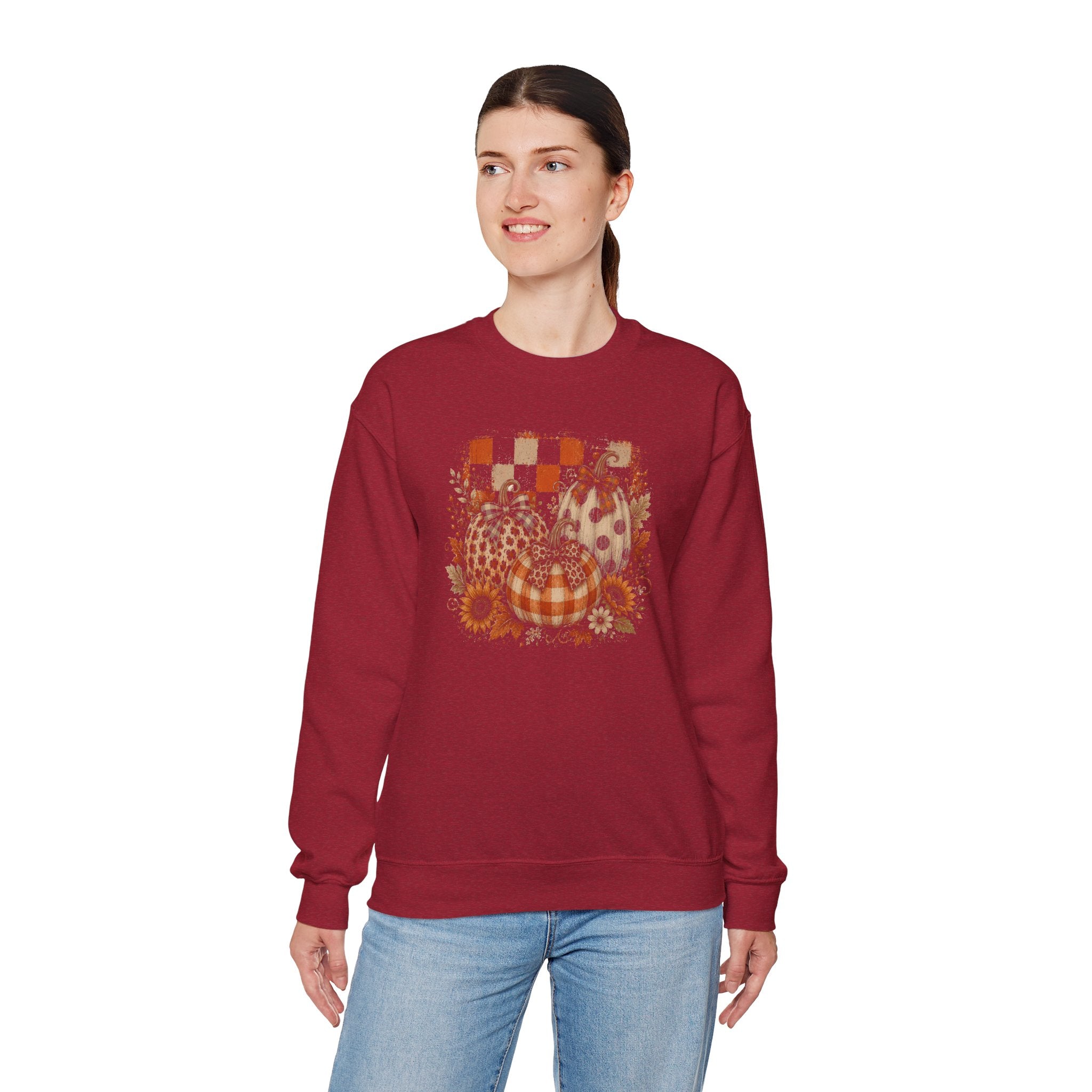 Vintage Patchwork Pumpkin Sweatshirt | Rustic Autumn Floral & Checkered Sweatshirt | Cr8tive Designs