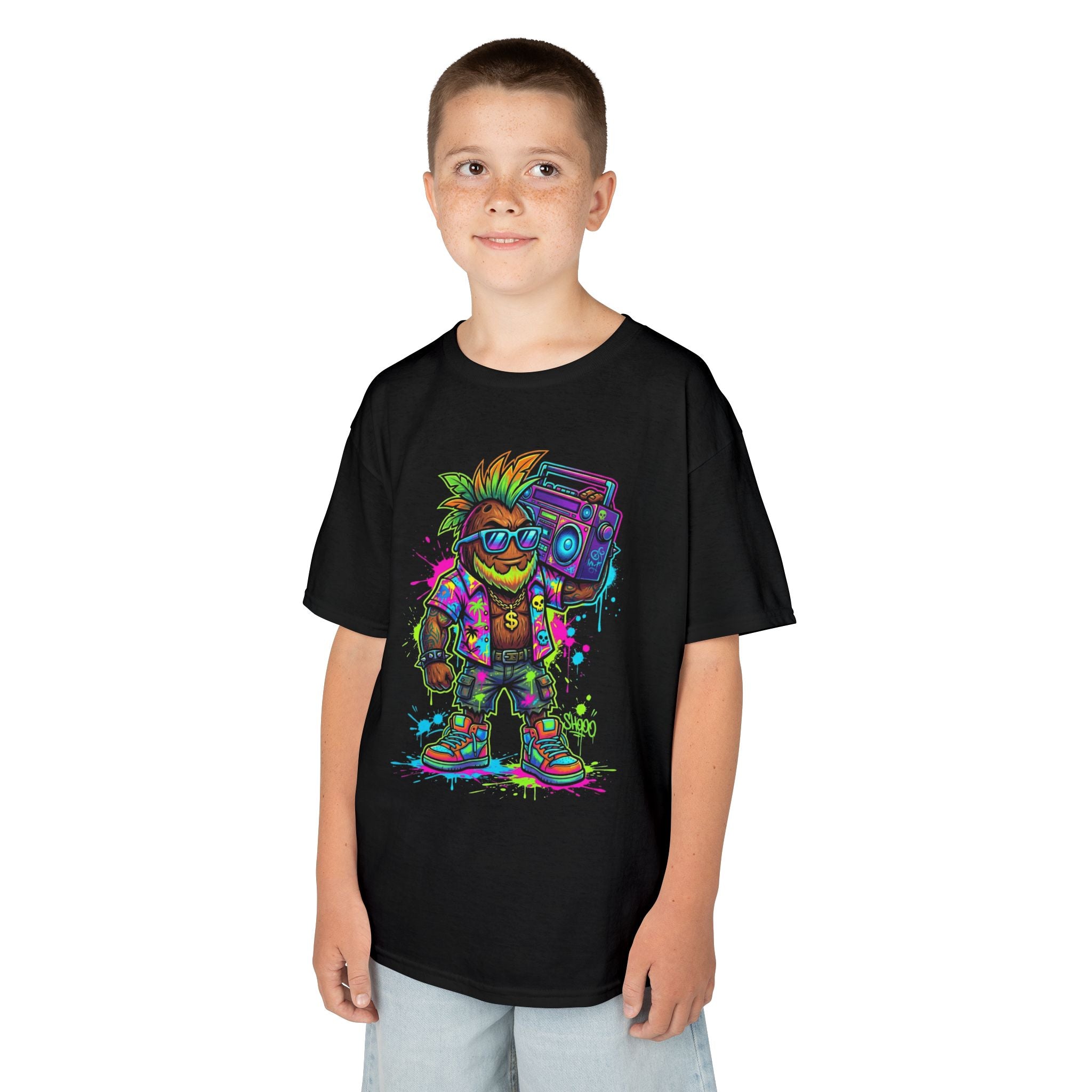 Kids Retro Streetwear T‑Shirt | Neon Skateboarder with Boombox Graphic | Cr8tive Designs