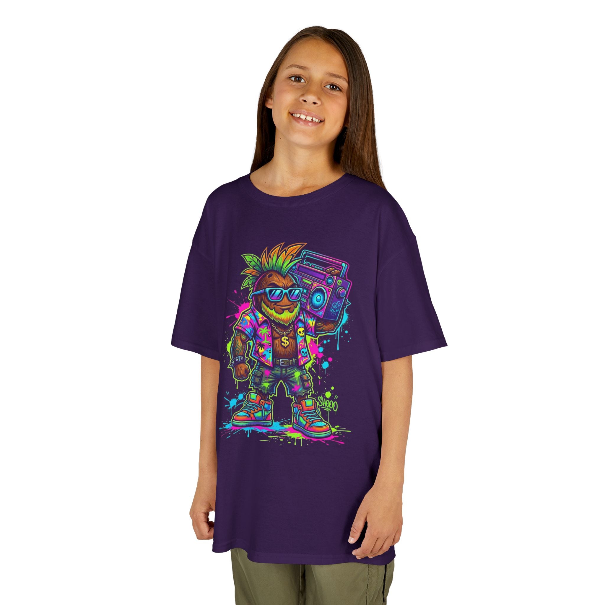 Kids Retro Streetwear T‑Shirt | Neon Skateboarder with Boombox Graphic | Cr8tive Designs