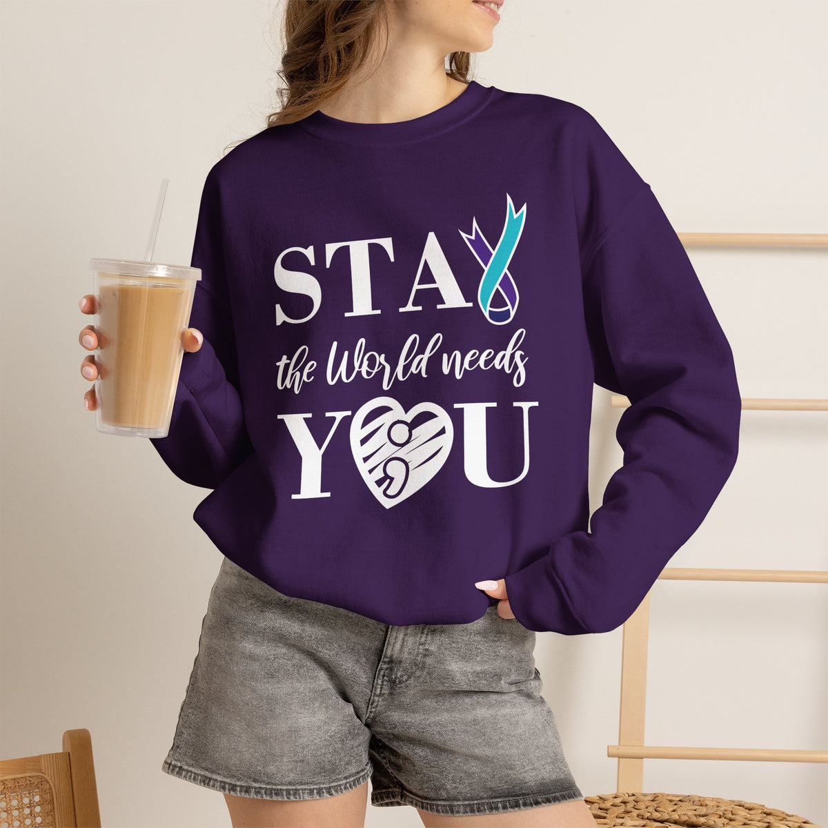 STAY The World Needs You Sweatshirt | Semicolon Ribbon Mental Health Crewneck | Cr8tive Designs