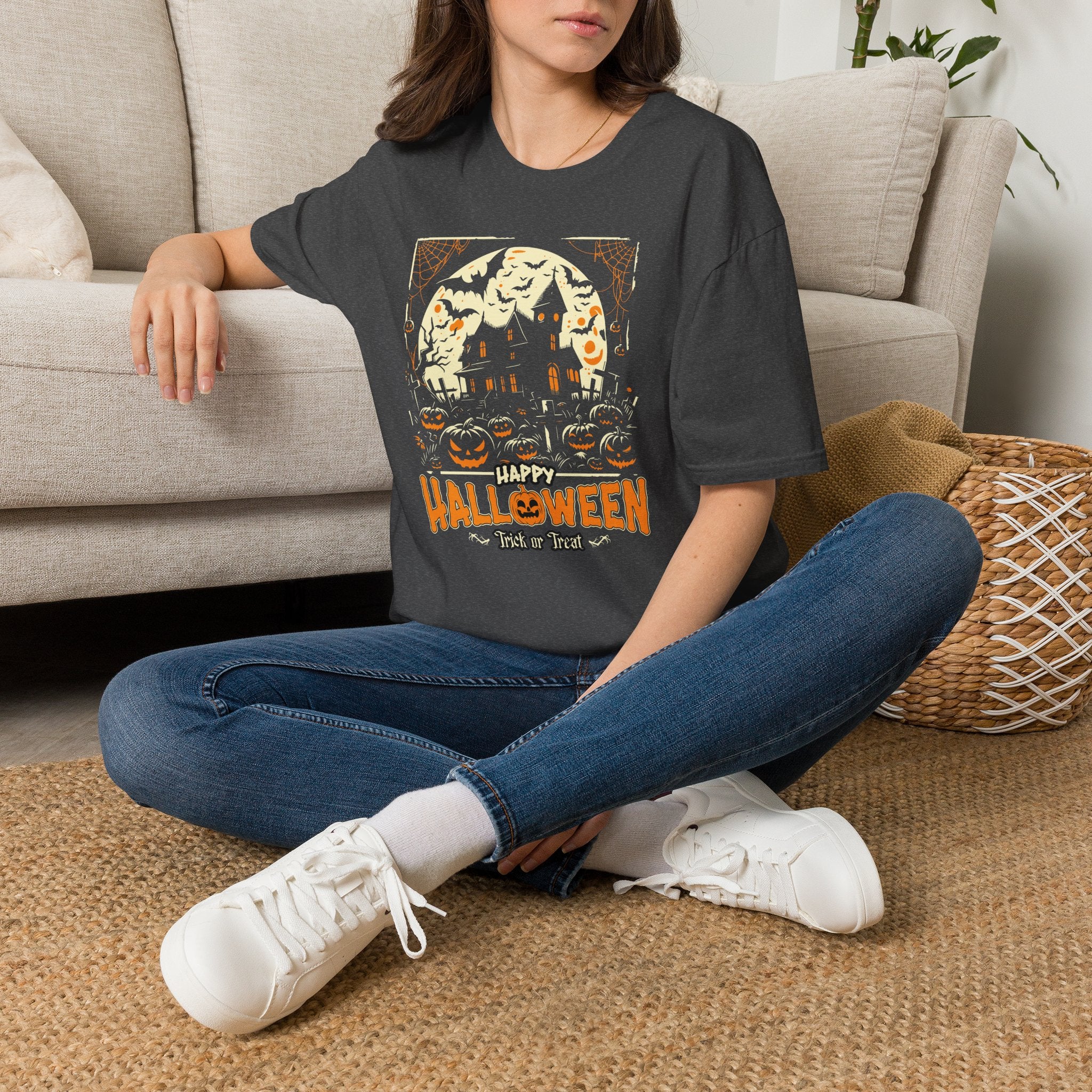 Halloween Haunted House T-Shirt | 'Happy Halloween' Pumpkin & Bats Tee | Cr8tive Designs