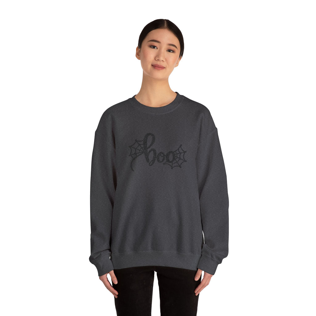 Embroidered Boo Spiderweb Sweatshirt | Retro Spider Web Halloween Sweatshirt | Cr8tive Designs