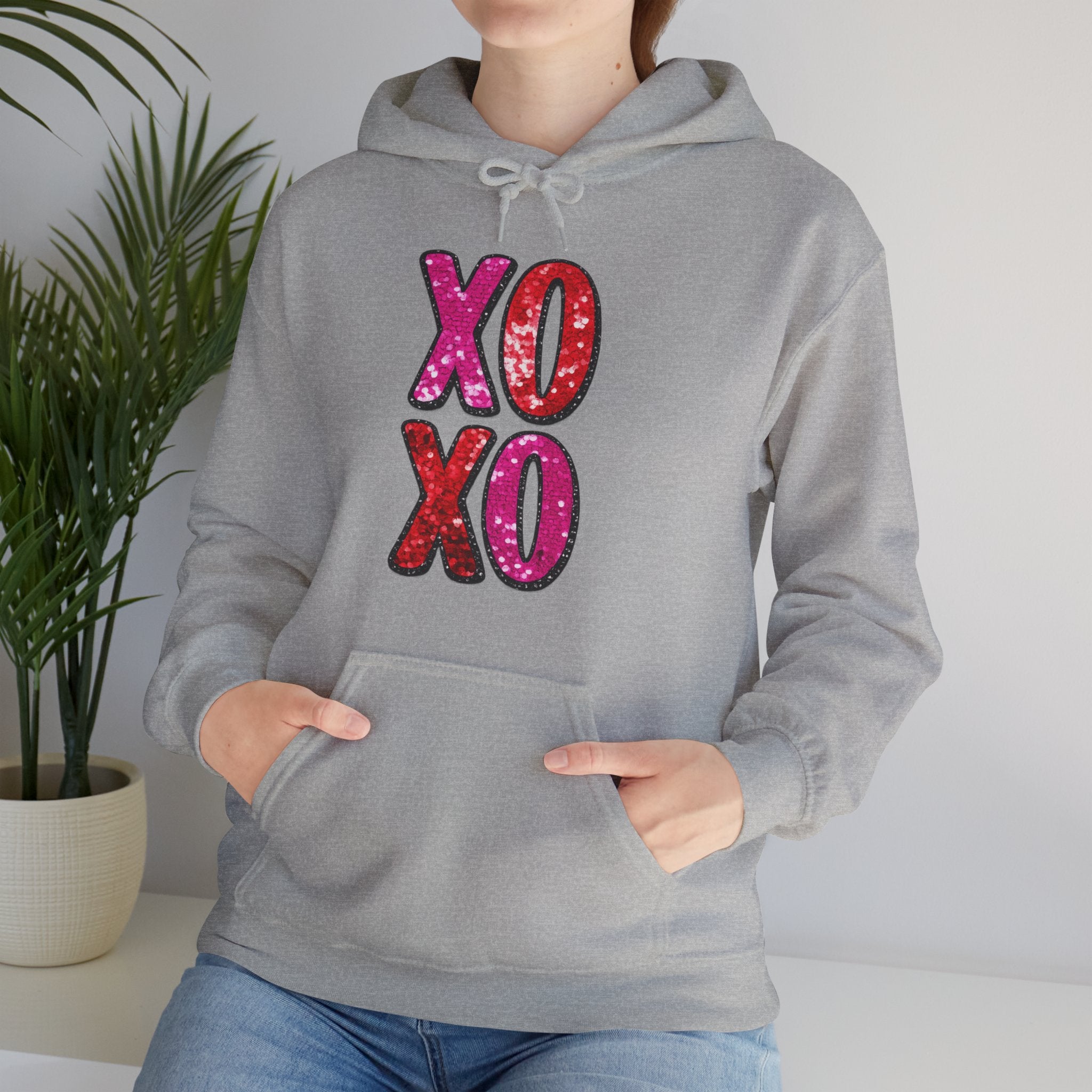 Valentine XO Hoodie – Pink & Red Faux Glitter Kisses Pullover