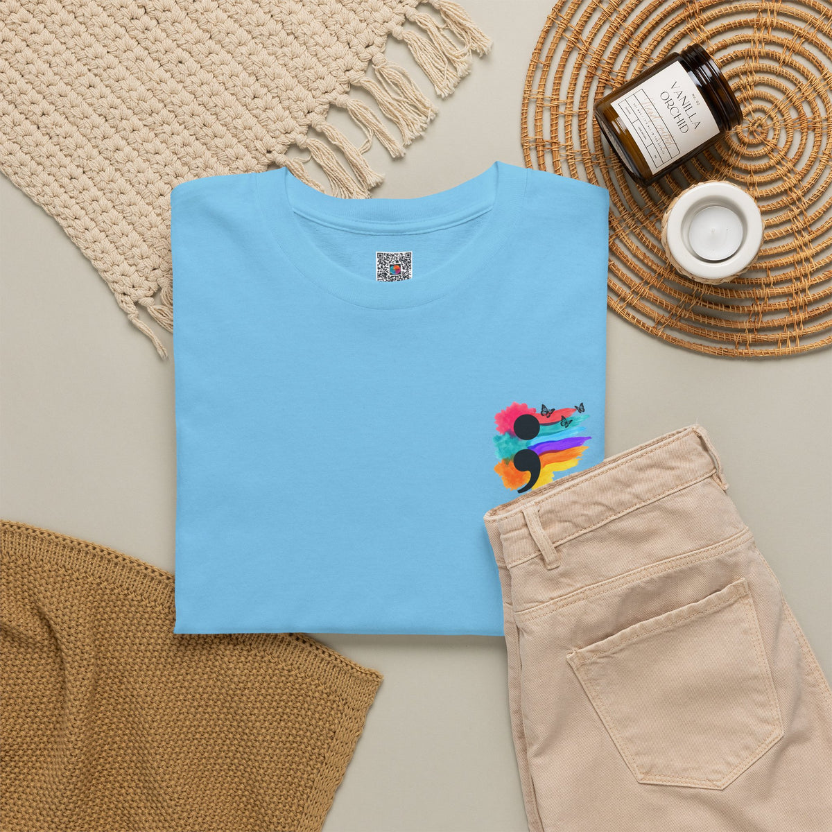 Watercolor Semicolon T-Shirt | Rainbow Splash Mental Health Pocket Print Tee | Cr8tive Designs