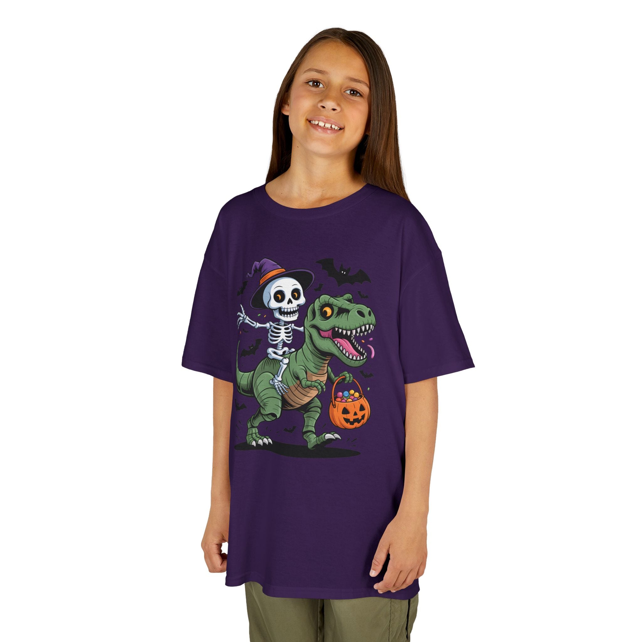 Skeleton Riding T-Rex Youth T-Shirt | Spooky Dino Halloween Kids Tee | Cr8tive Designs