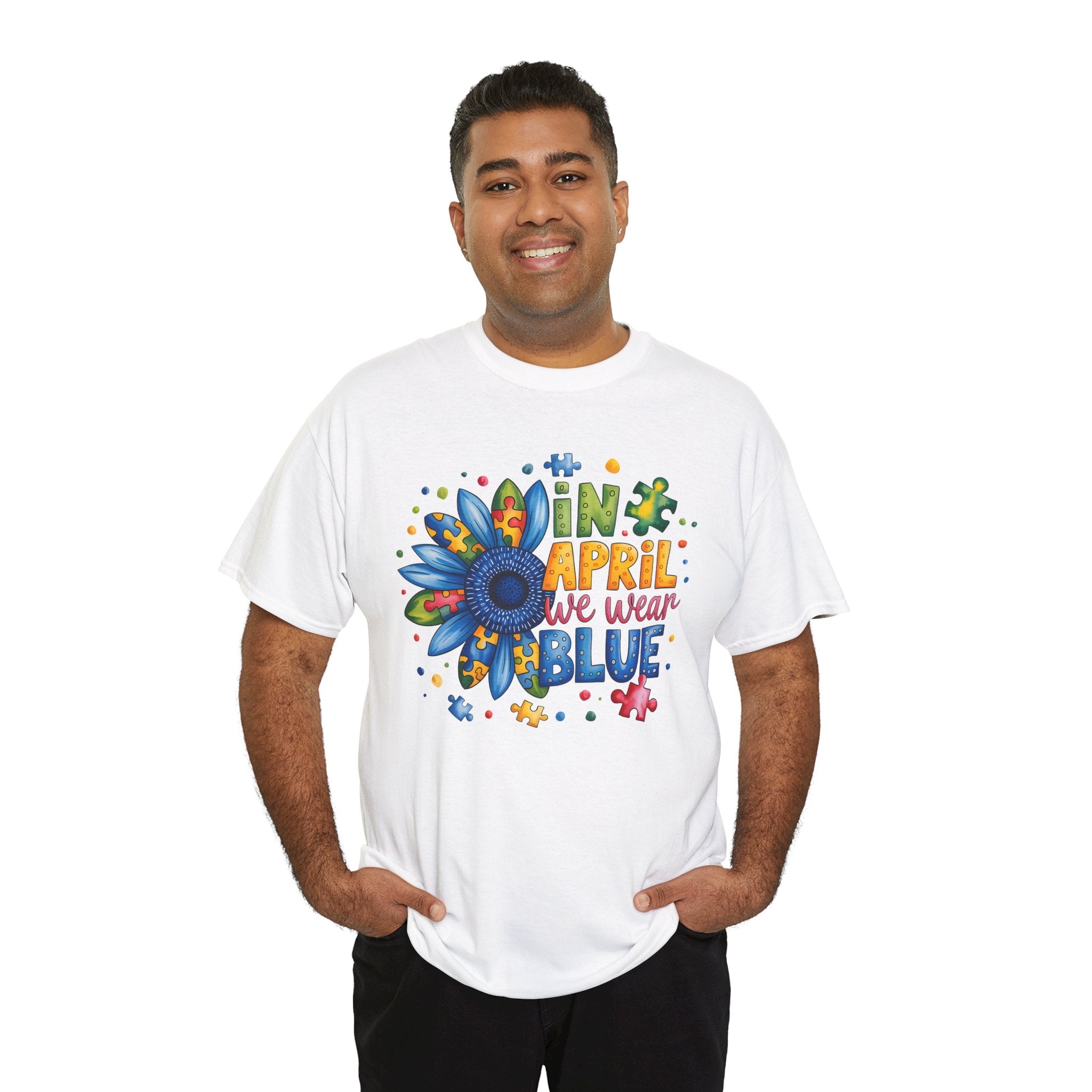 Autism Awareness Month Shirt | In April We Wear Blue | Colorful Puzzle Flower Unisex Graphic Tee | Cr8tive Designs