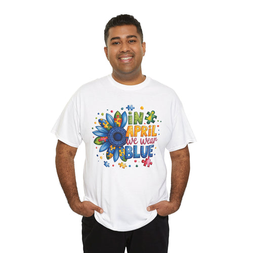 Autism Awareness Month Shirt | In April We Wear Blue | Colorful Puzzle Flower Unisex Graphic Tee | Cr8tive Designs