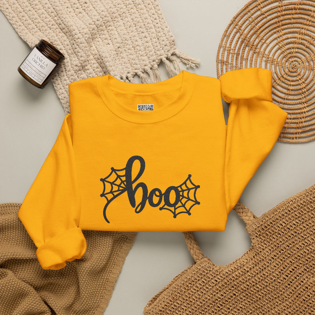 Embroidered Boo Spiderweb Sweatshirt | Retro Spider Web Halloween Sweatshirt | Cr8tive Designs