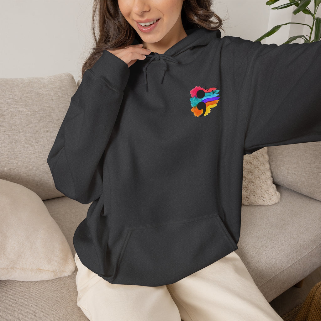 Watercolor Semicolon Hoodie | Rainbow Splash Mental Health Pocket Print Pullover | Cr8tive Designs