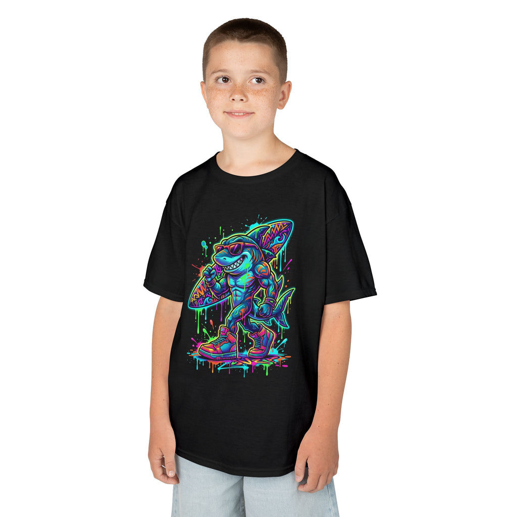 Kids Surfing Shark T‑Shirt — Neon Drip Graphic Tee | Cr8tive Designs