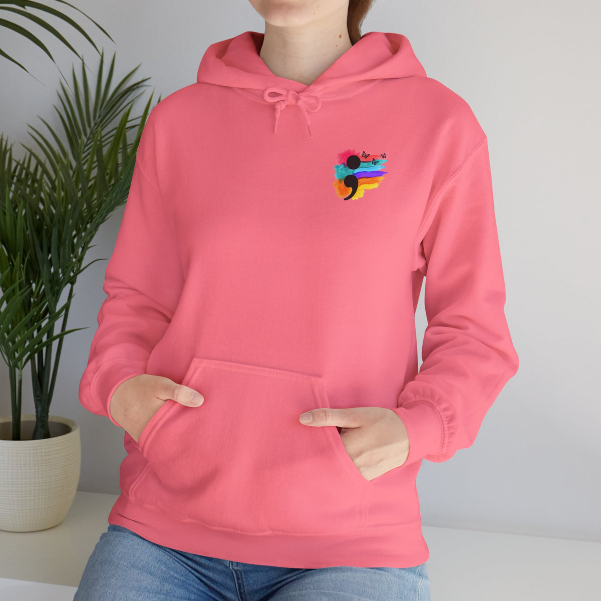 Watercolor Semicolon Hoodie | Rainbow Splash Mental Health Pocket Print Pullover | Cr8tive Designs
