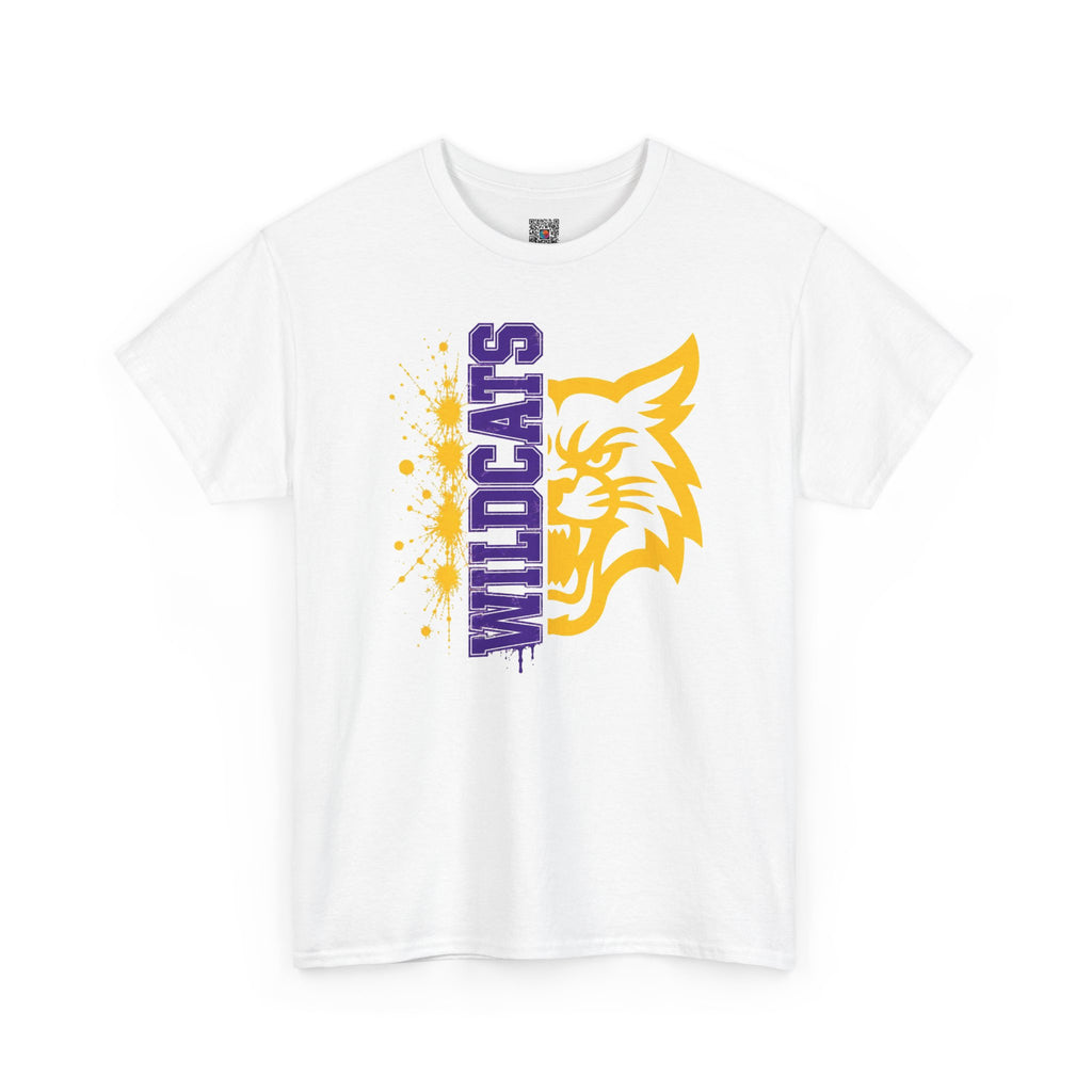 Wildcats Vertical Mascot | Purple & Gold School Spirit T-Shirt | Cr8tive Designs