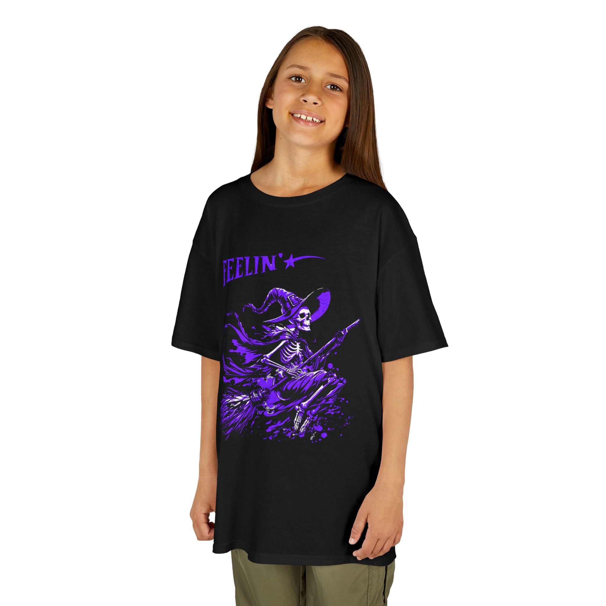 Kids Witch Broom Tee "Feelin'" | Purple Witch Flying Graphic T‑Shirt | Cr8tive Designs