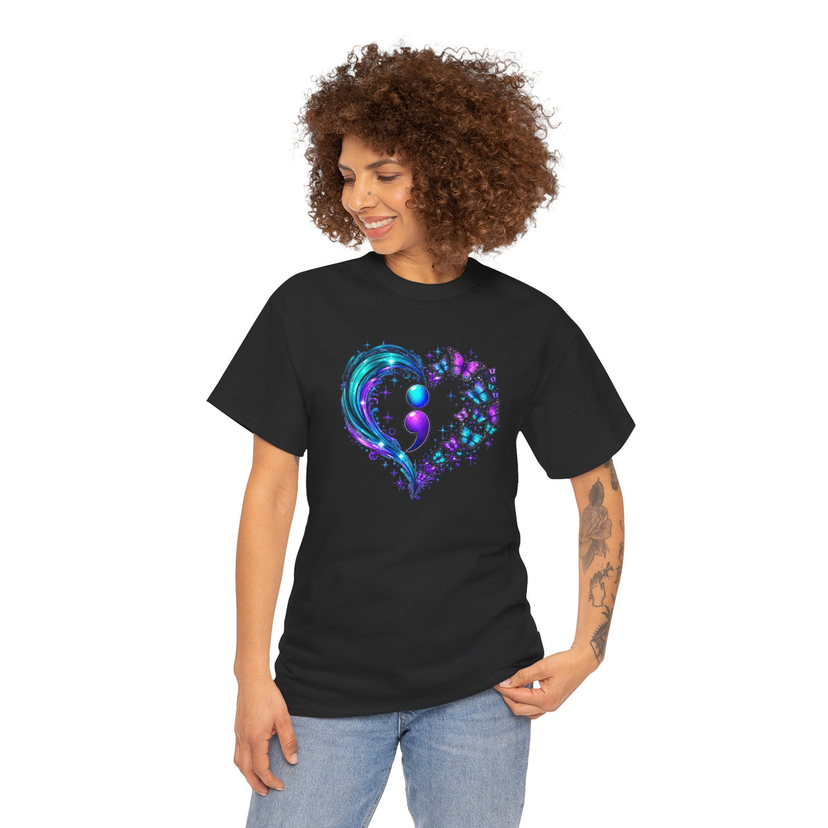 Semicolon Butterfly Heart T-Shirt | Teal & Purple Mental Health Awareness Graphic Tee | Cr8tive Designs