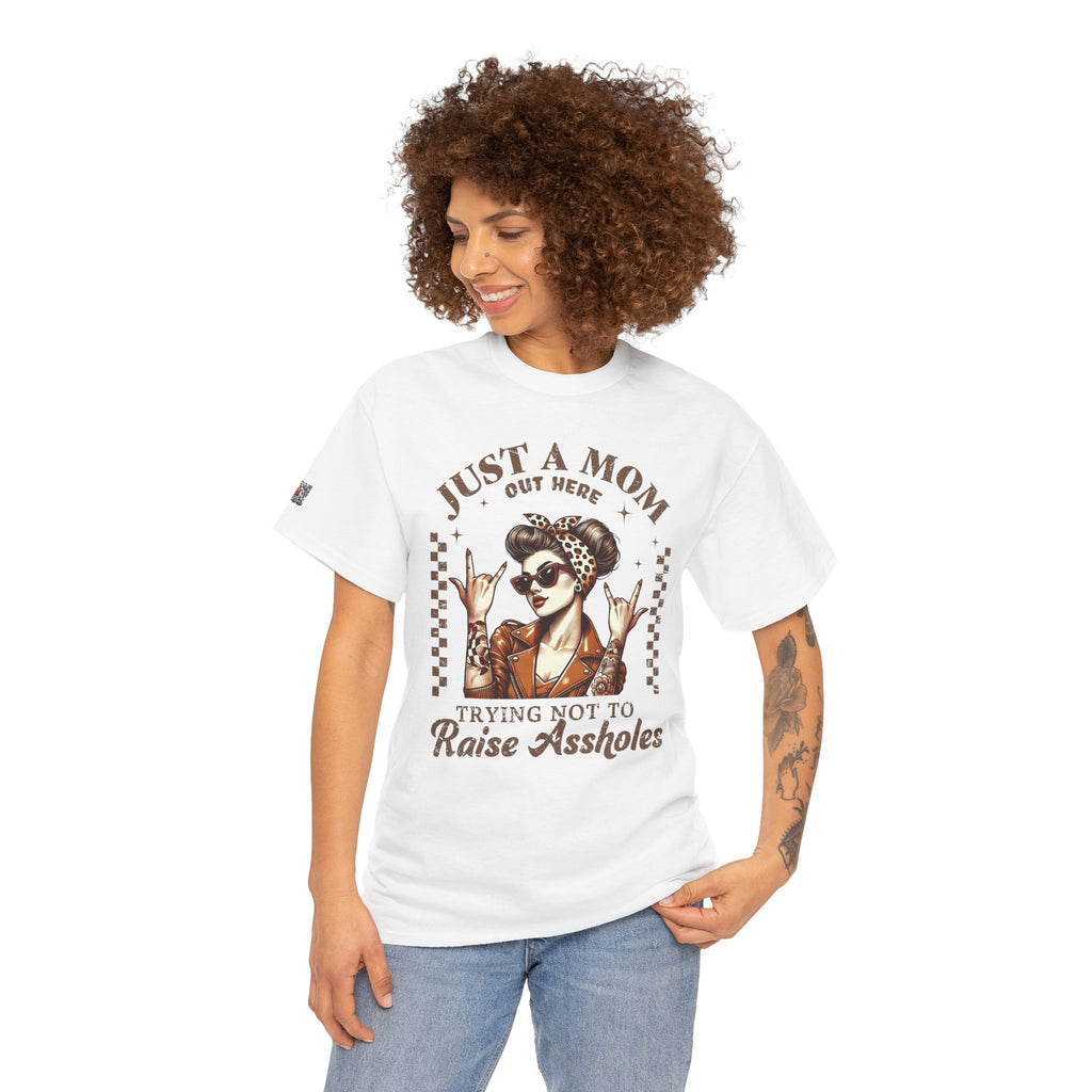 Just a Mom Trying Not to Raise A**holes – Funny Real Life Mom Tee, Trendy Graphic Shirt | Cr8tive Designs