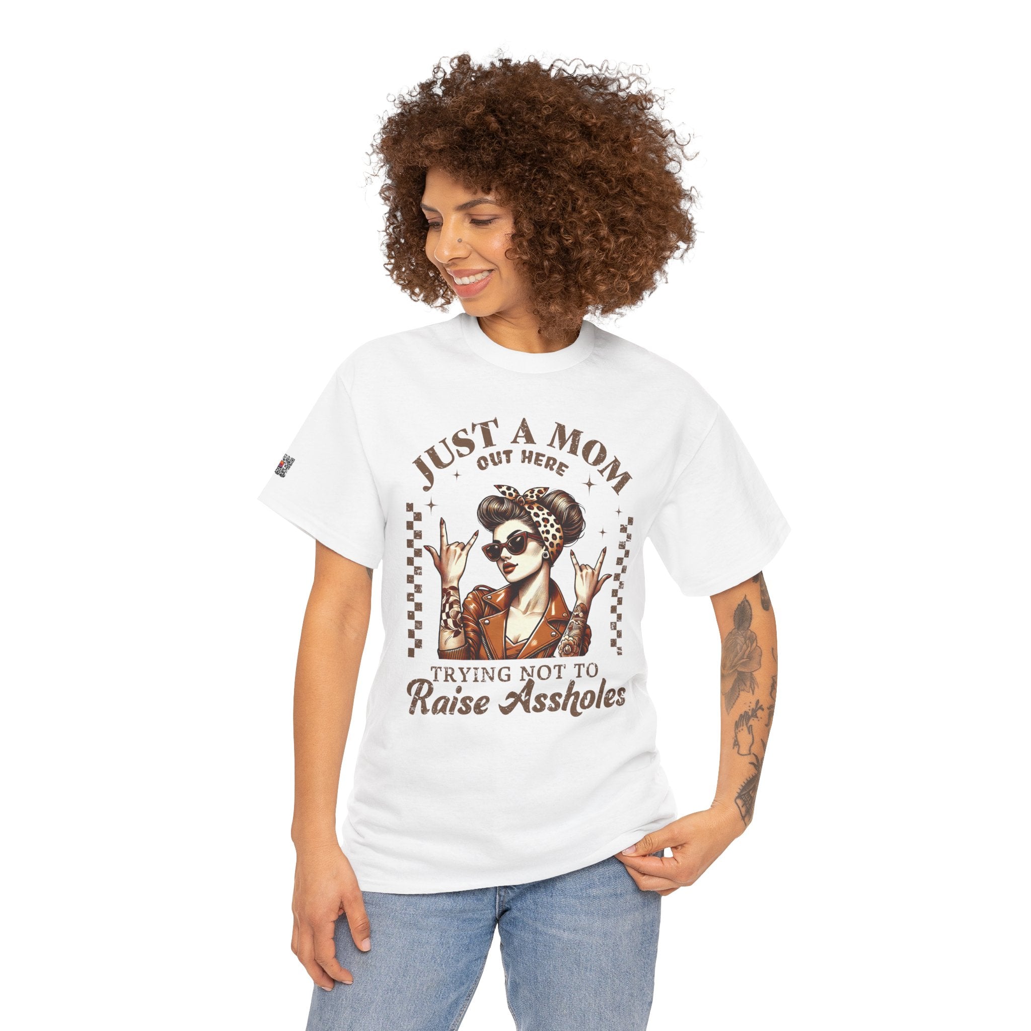 Just a Mom Trying Not to Raise A**holes – Funny Real Life Mom Tee, Trendy Graphic Shirt | Cr8tive Designs