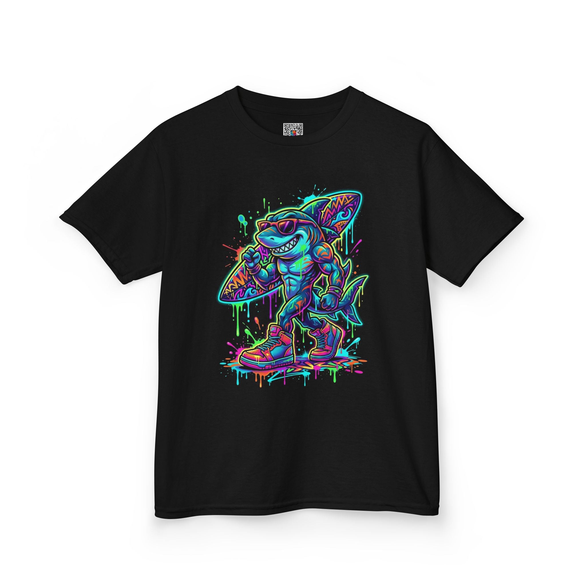 Kids Surfing Shark T‑Shirt — Neon Drip Graphic Tee | Cr8tive Designs