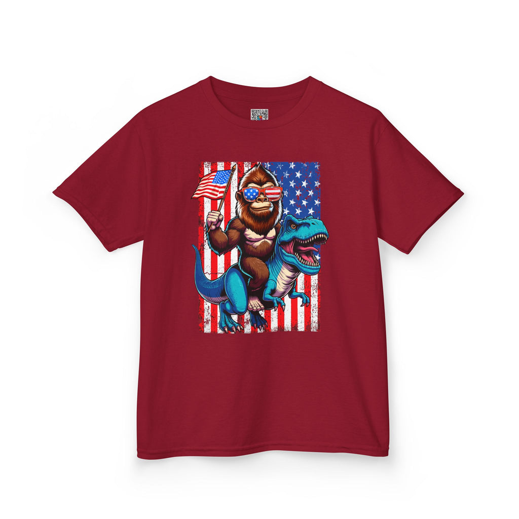 Kids Patriotic Dino Tee – T-Rex Riding Dinosaur with American Flag | Cr8tive Designs