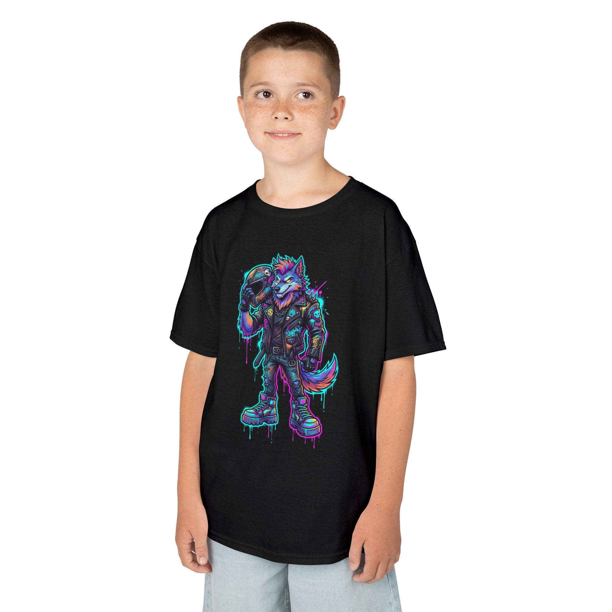 Kids Wolf Character Tee | Neon Cyberpunk Fox-Wolf Gamer Shirt | Cr8tive Designs