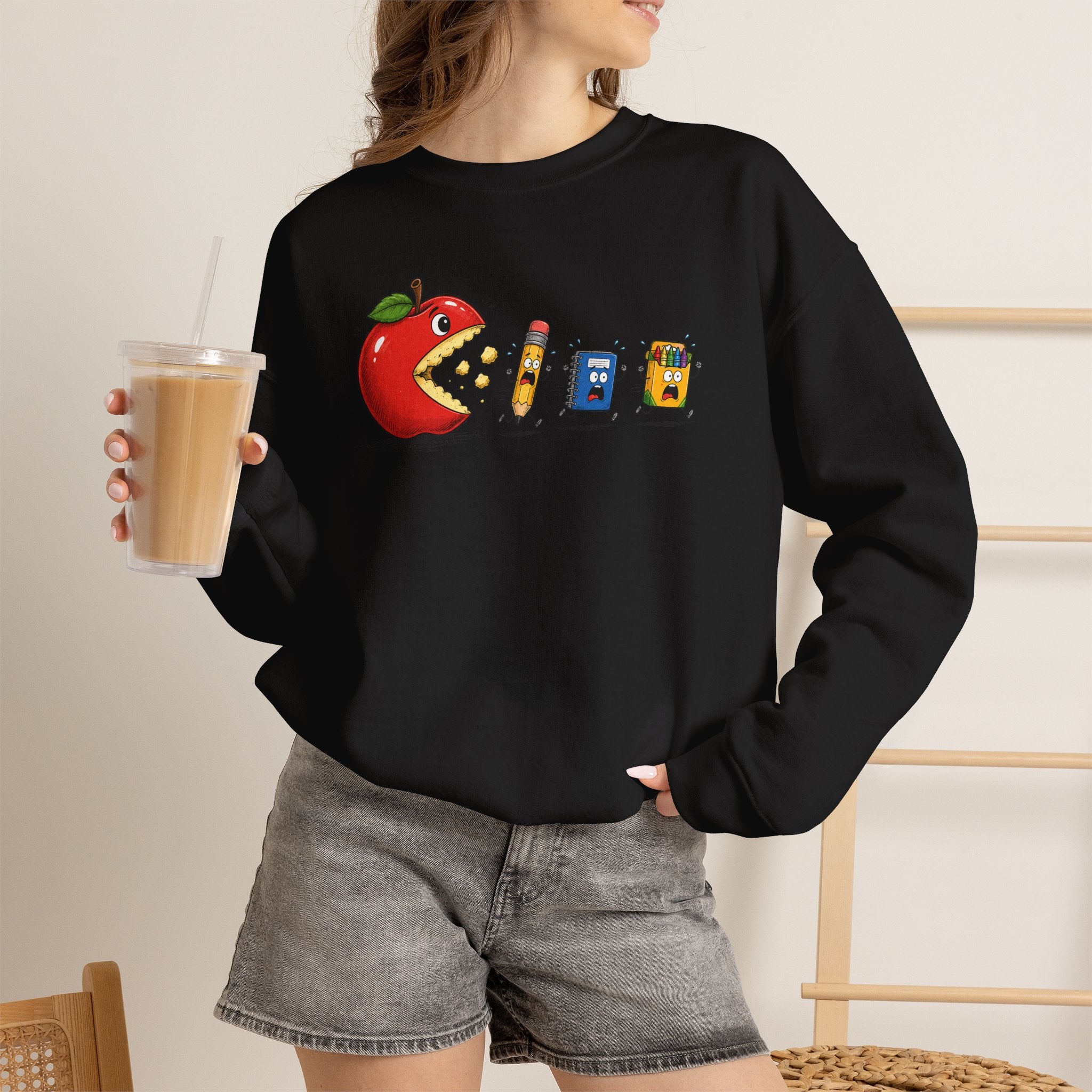 Crewneck Sweatshirt | Playful 'Apple Pac-Man' Back-to-School Graphic | Cr8tive Designs