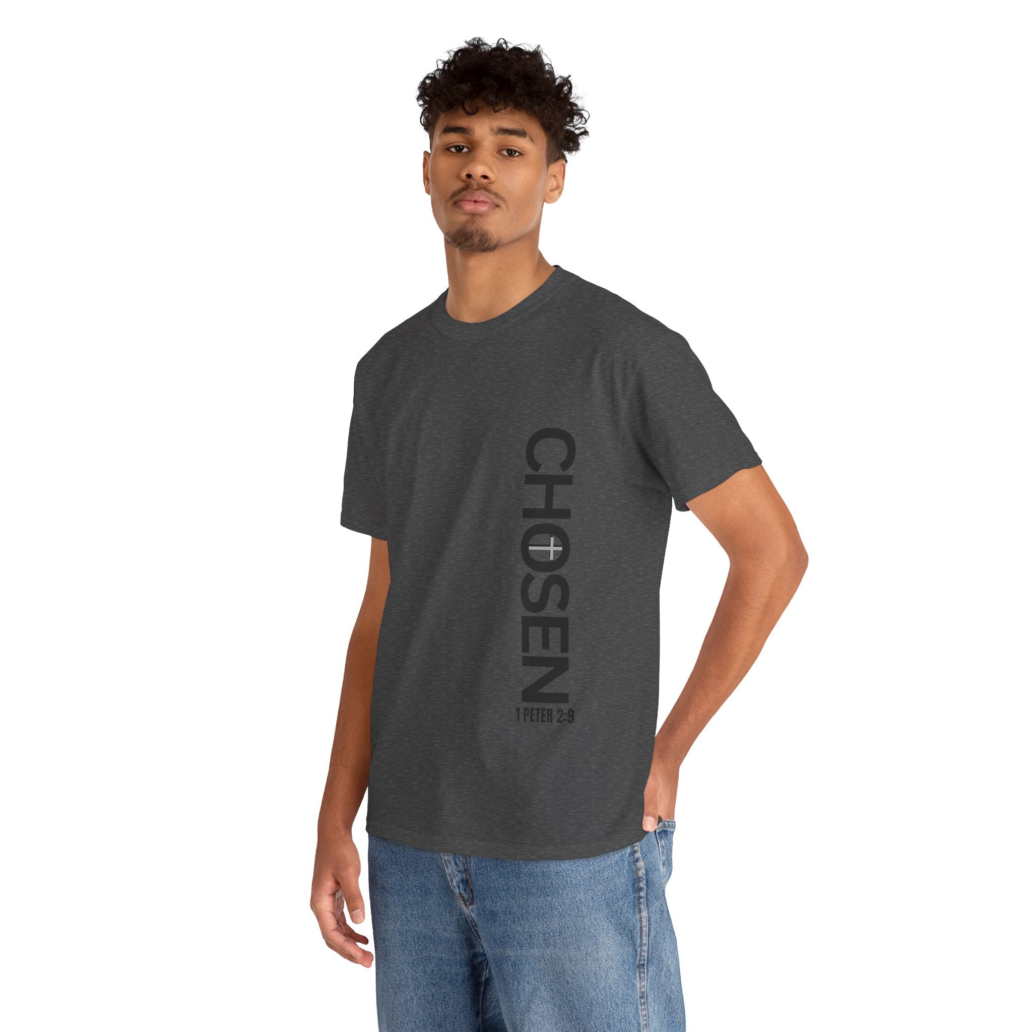 Chosen Vertical Script Tee – Christian 1 Peter 2:9 Faith Shirt