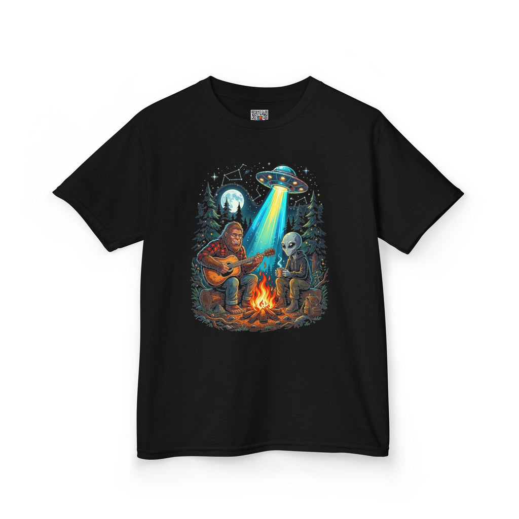 Bigfoot and Alien Campfire Youth T-Shirt | Retro UFO Campfire Boys Tee | Cr8tive Designs