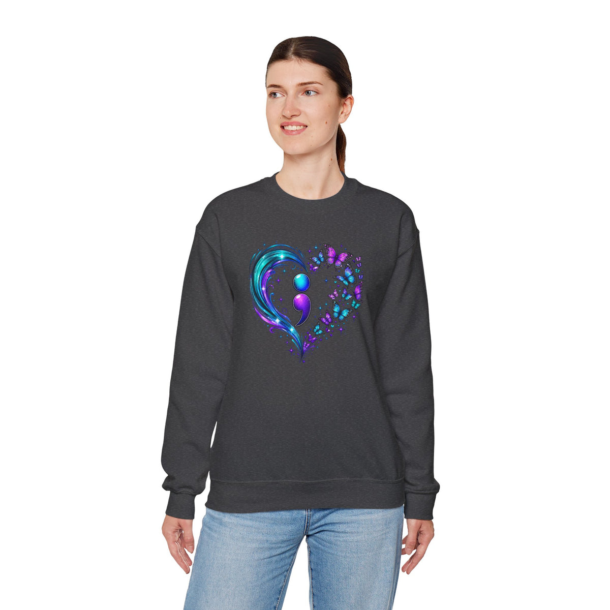 Semicolon Butterfly Heart Sweatshirt | Mental Health Awareness Crewneck | Cr8tive Designs