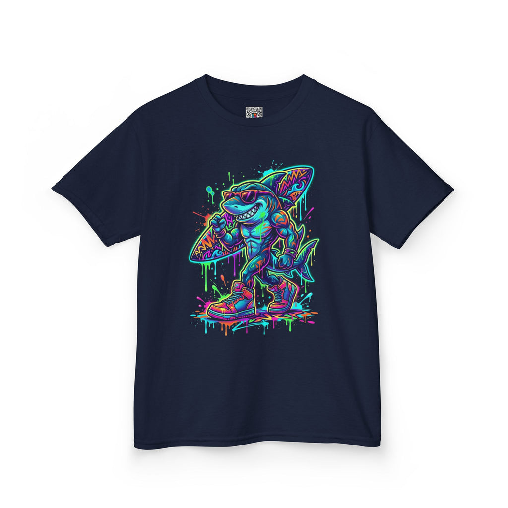 Kids Surfing Shark T‑Shirt — Neon Drip Graphic Tee | Cr8tive Designs
