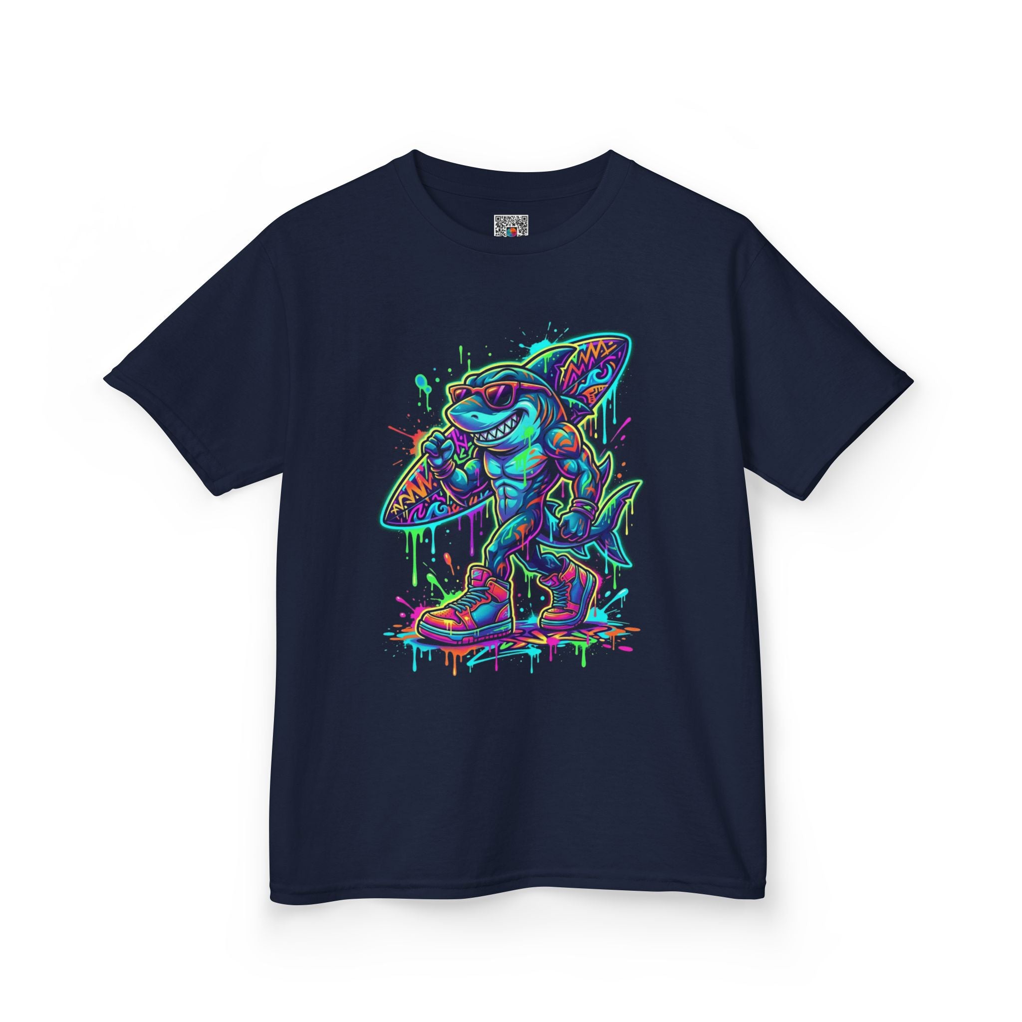 Kids Surfing Shark T‑Shirt — Neon Drip Graphic Tee | Cr8tive Designs