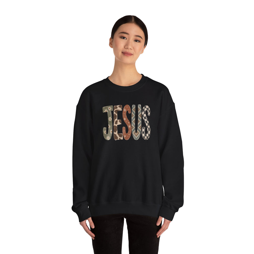 Patterned Jesus Western Sweatshirt | Southwestern Cow Print Faith Crewneck | Cr8tive Designs
