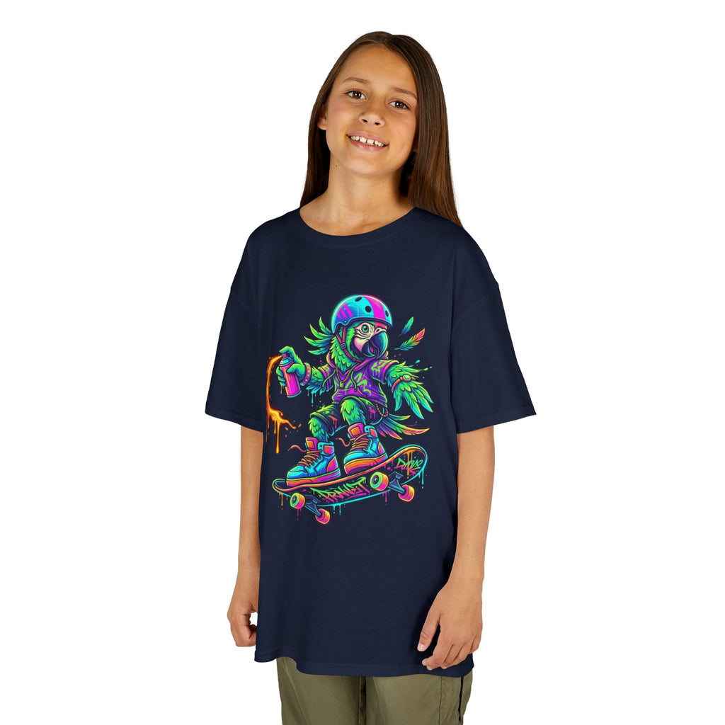 Kids T-Shirt | Neon Skate Parrot Skateboarder Graphic Tee | Cr8tive Designs