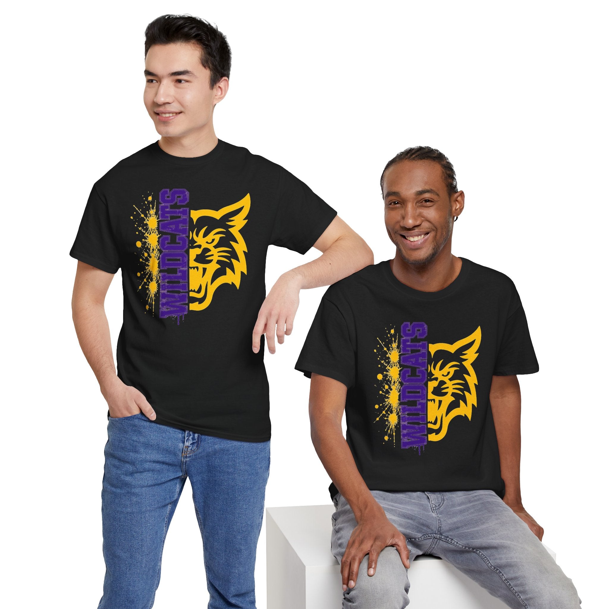 Wildcats Vertical Mascot | Purple & Gold School Spirit T-Shirt | Cr8tive Designs