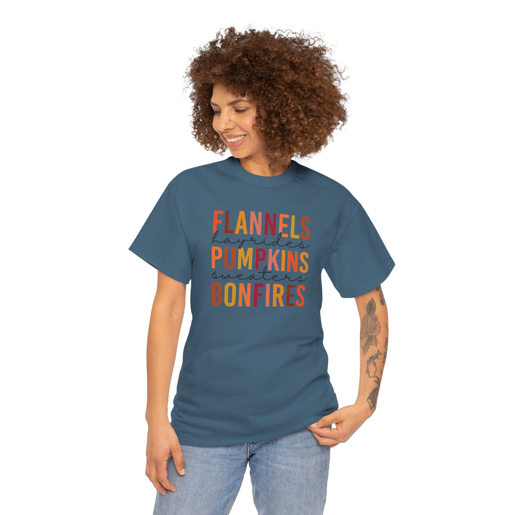 Flannels Hayrides Pumpkins & Bonfires Tee | Cozy Fall Favorites T-Shirt | Cr8tive Designs