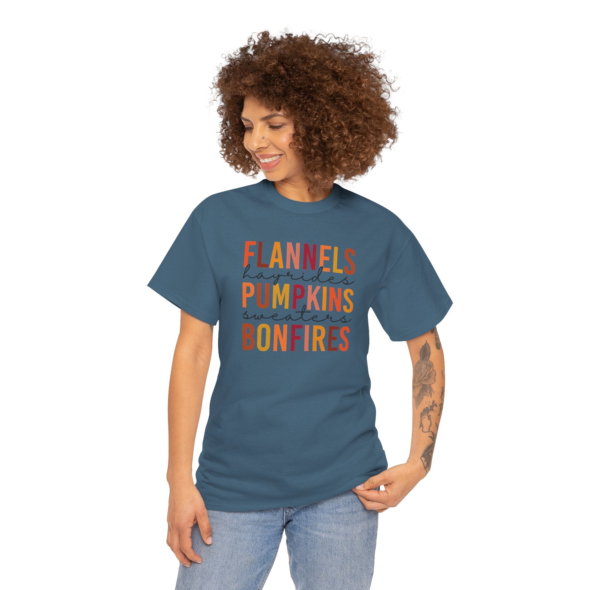 Flannels Hayrides Pumpkins & Bonfires Tee | Cozy Fall Favorites T-Shirt | Cr8tive Designs