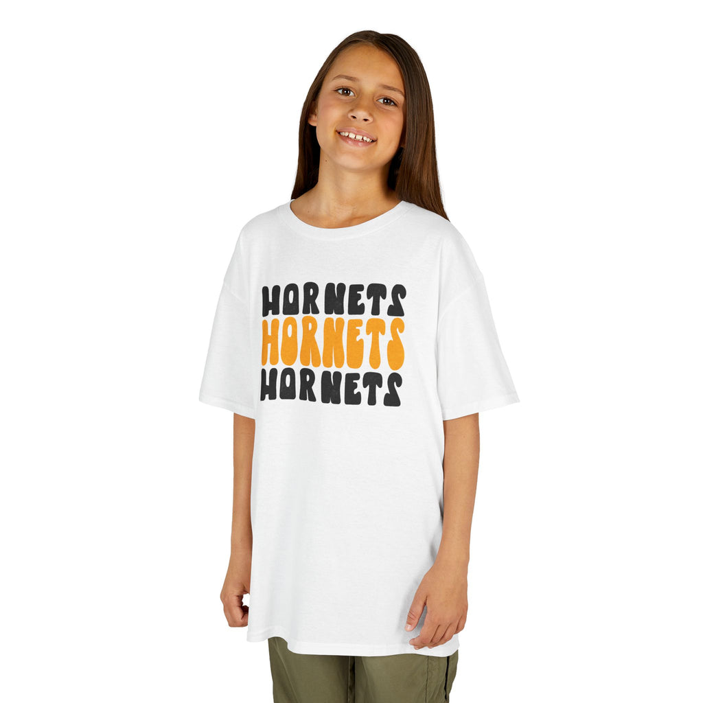 Retro Groovy Hornets Youth T-Shirt | Wavy Stacked School Spirit Mascot Tee | Cr8tive Designs
