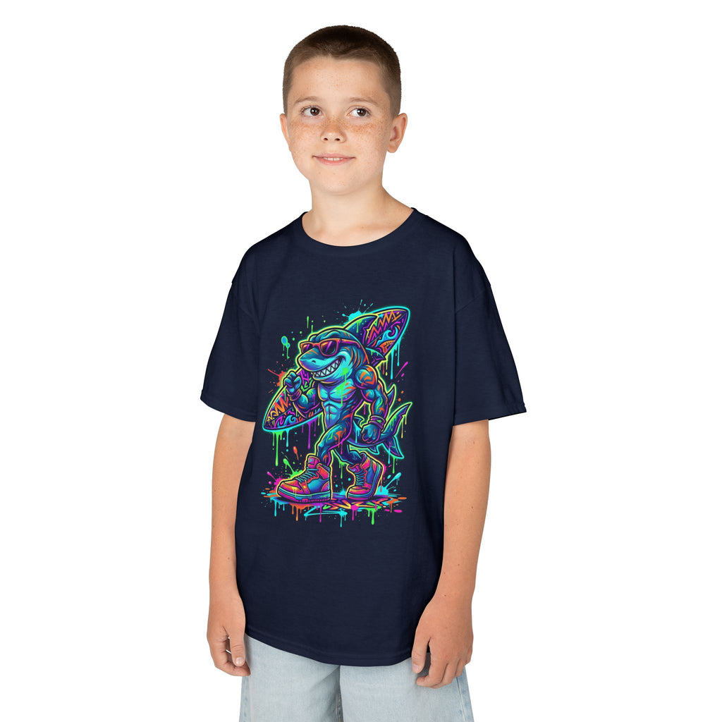 Kids Surfing Shark T‑Shirt — Neon Drip Graphic Tee | Cr8tive Designs