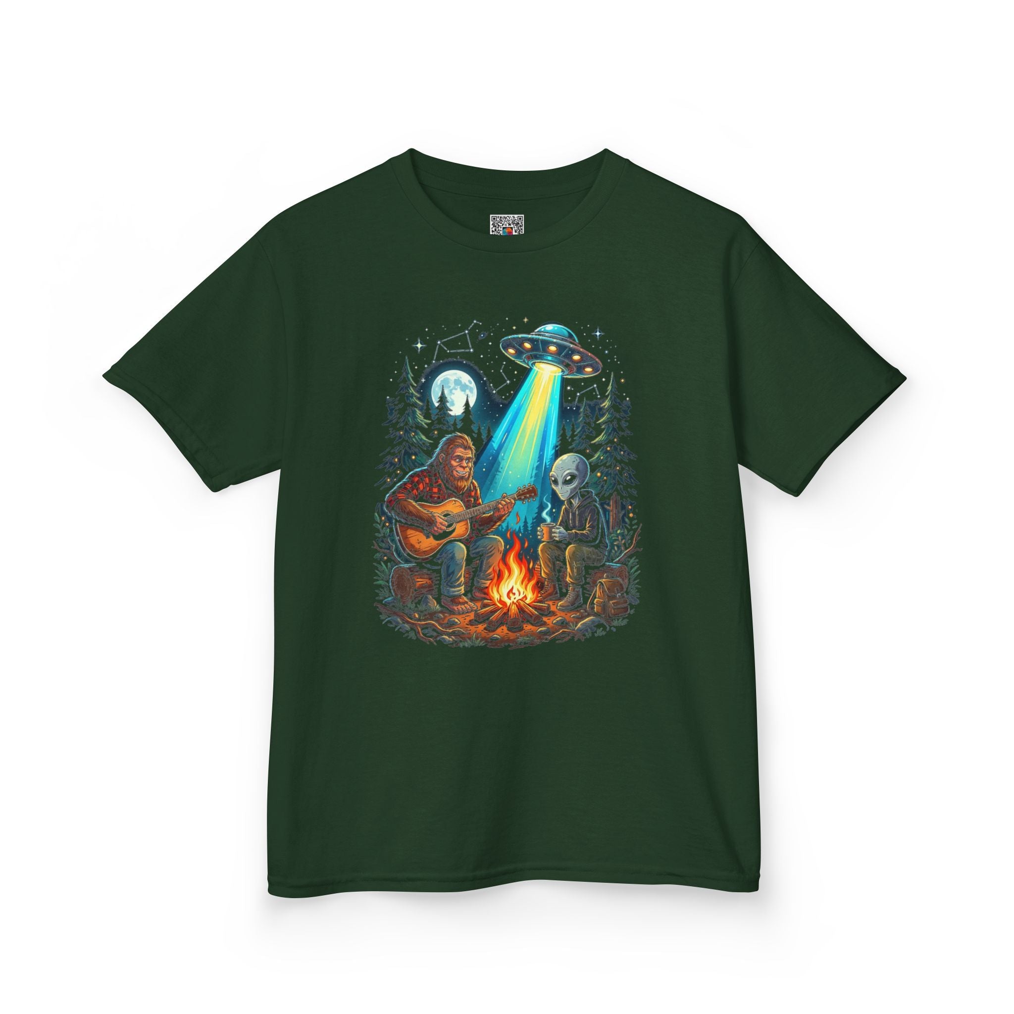 Bigfoot and Alien Campfire Youth T-Shirt | Retro UFO Campfire Boys Tee | Cr8tive Designs