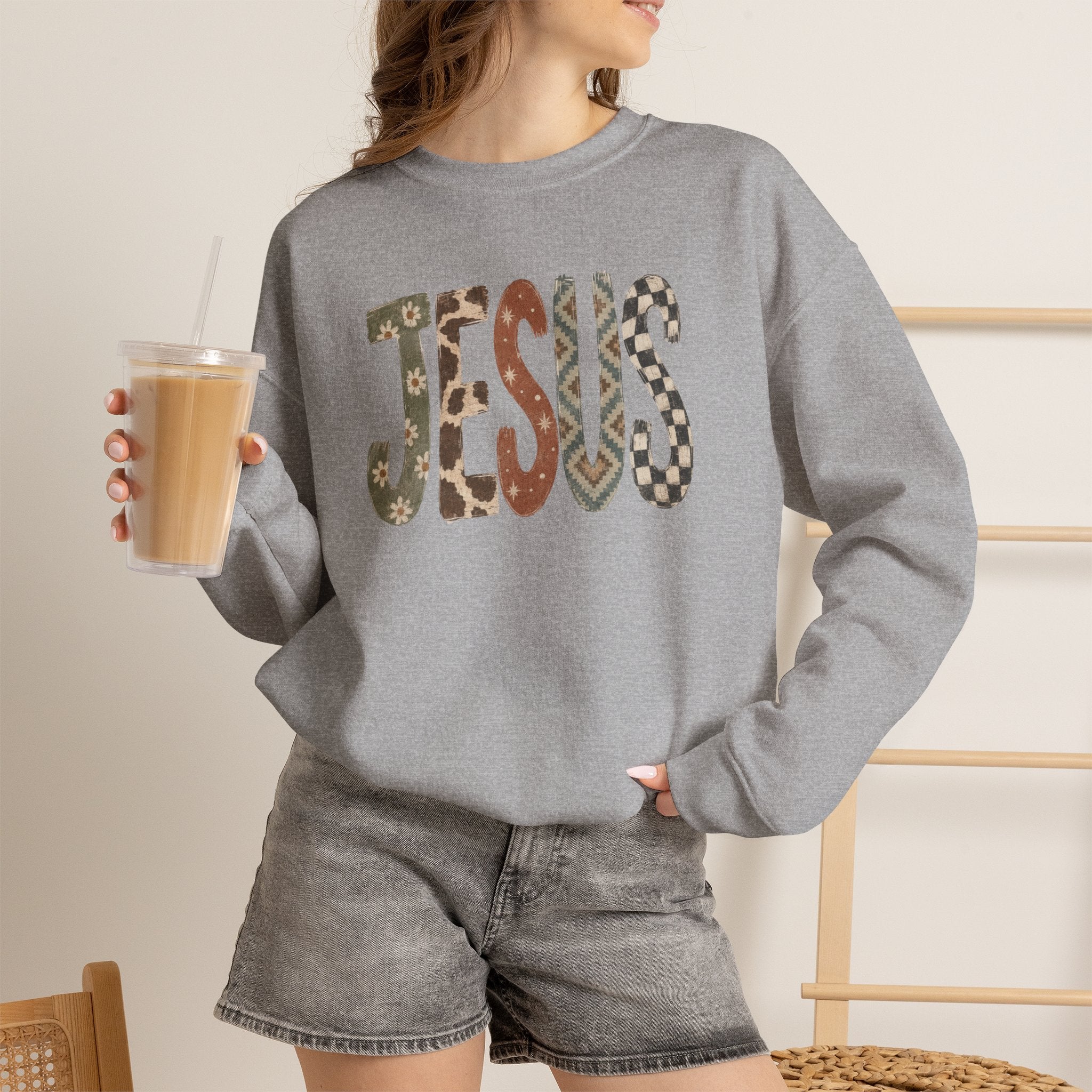 Patterned Jesus Western Sweatshirt | Southwestern Cow Print Faith Crewneck | Cr8tive Designs