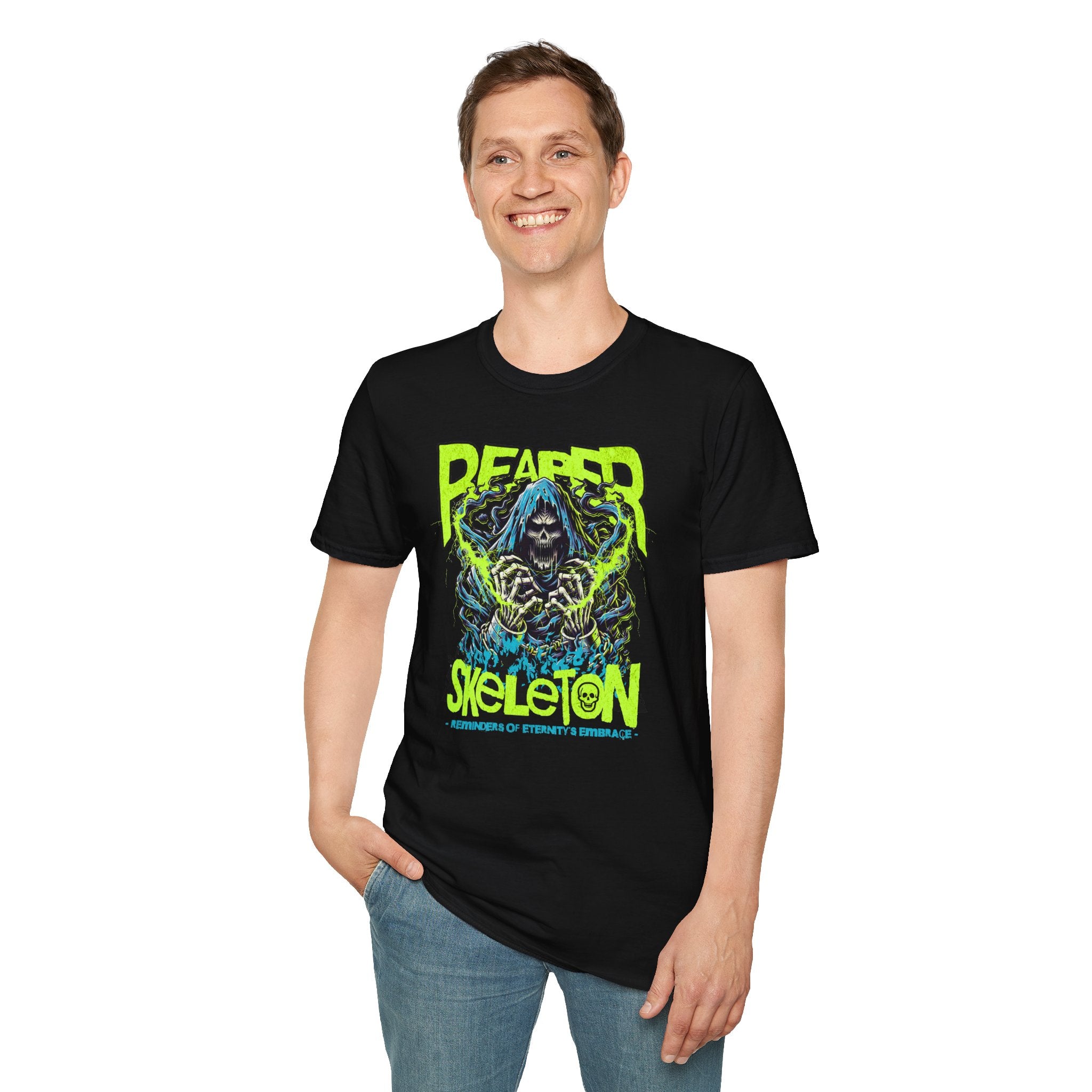 Reaper Skeleton Graphic Tee | Neon Skull Horror T-Shirt for Fans of Dark Streetwear | Cr8tive Designs