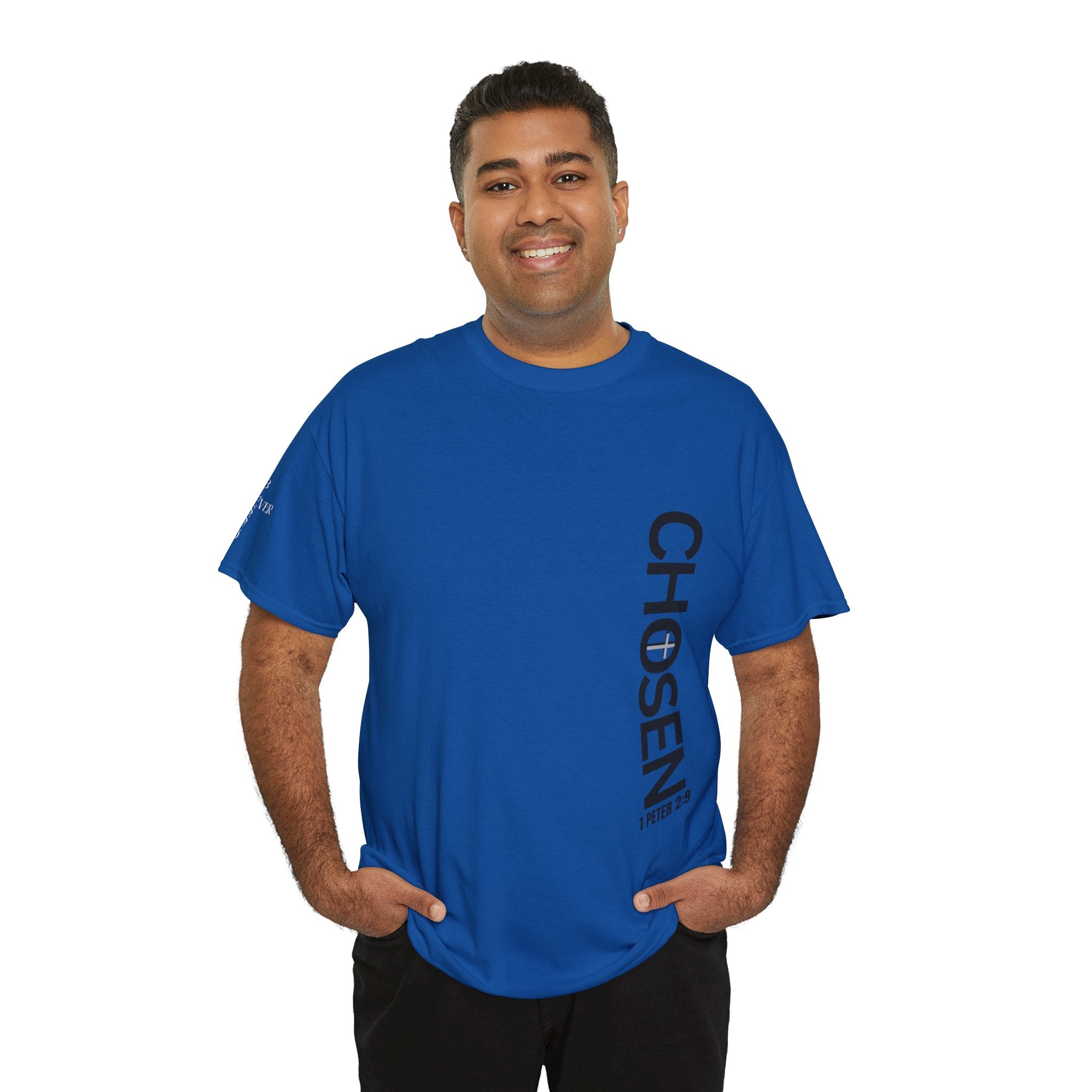 Chosen Vertical Script Tee – Christian 1 Peter 2:9 Faith Shirt