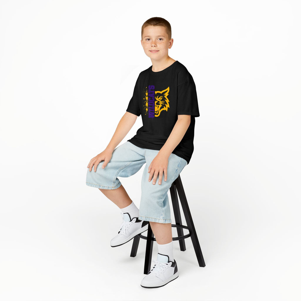 Wildcats Vertical Mascot | Purple & Gold Youth School Spirit T-Shirt | Cr8tive Designs