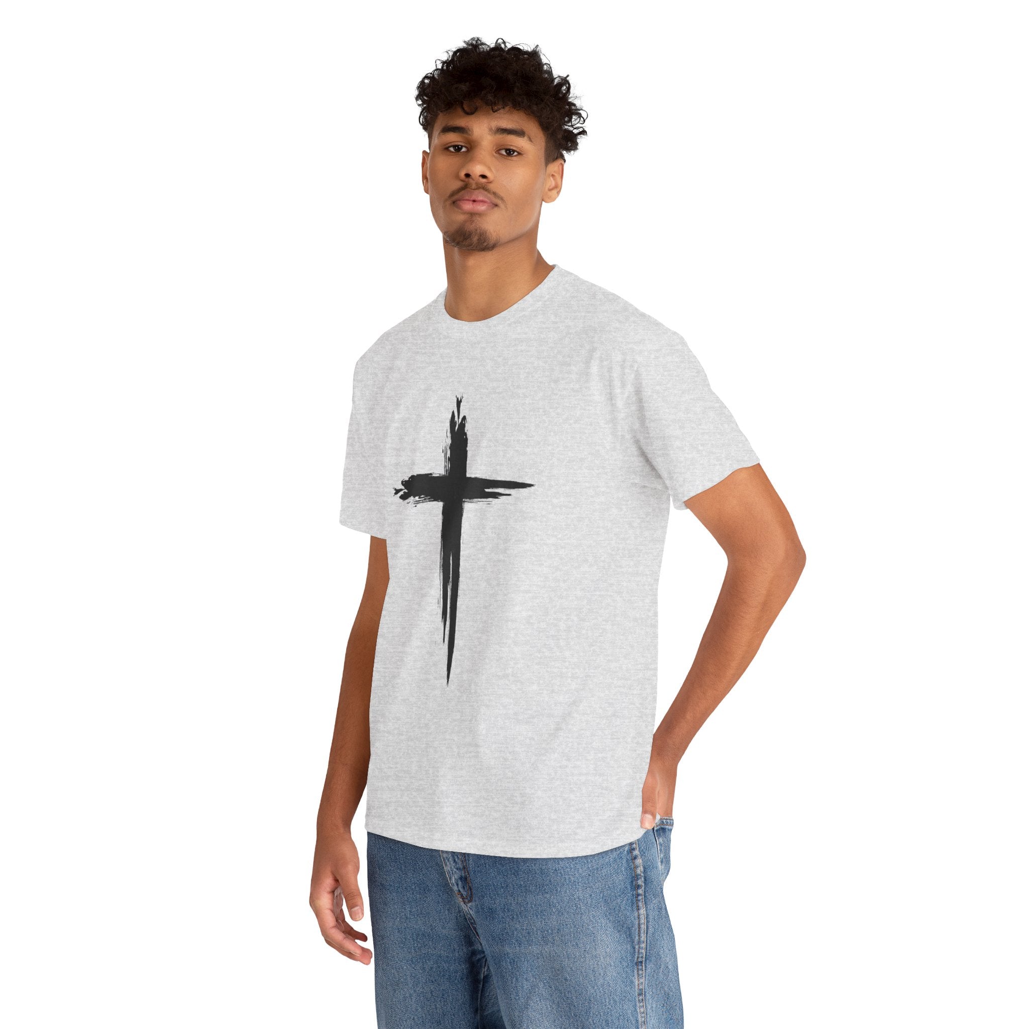 Black Brushstroke Cross T‑Shirt — Minimalist Christian Faith Tee