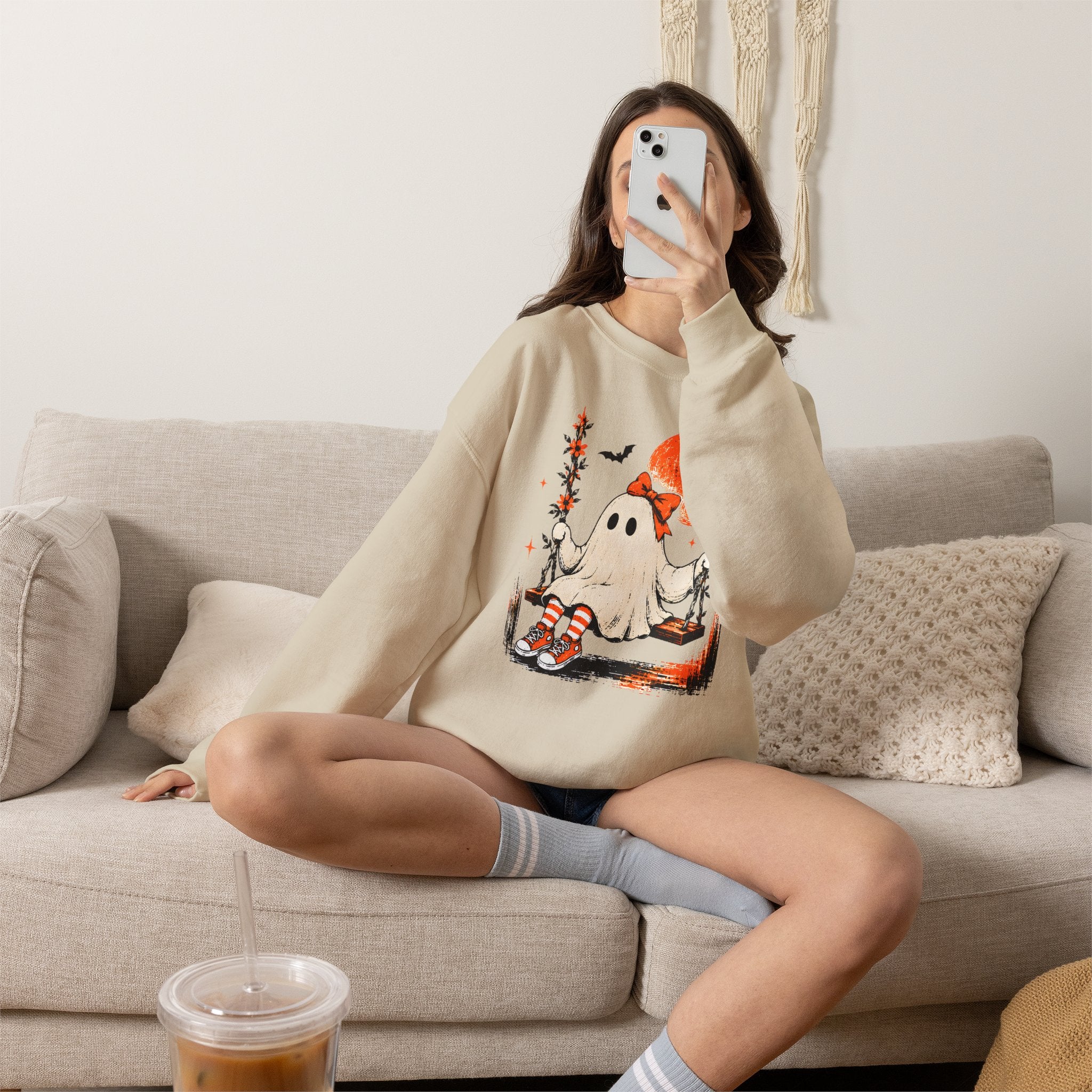 Retro Cute Ghost on Swing Sweatshirt | Vintage Coquette Halloween Graphic Crewneck | Cr8tive Designs