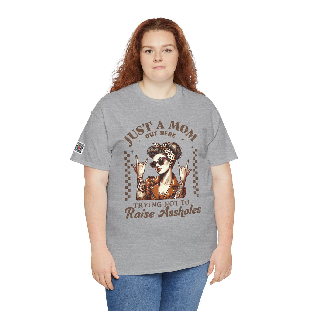Just a Mom Trying Not to Raise A**holes – Funny Real Life Mom Tee, Trendy Graphic Shirt | Cr8tive Designs