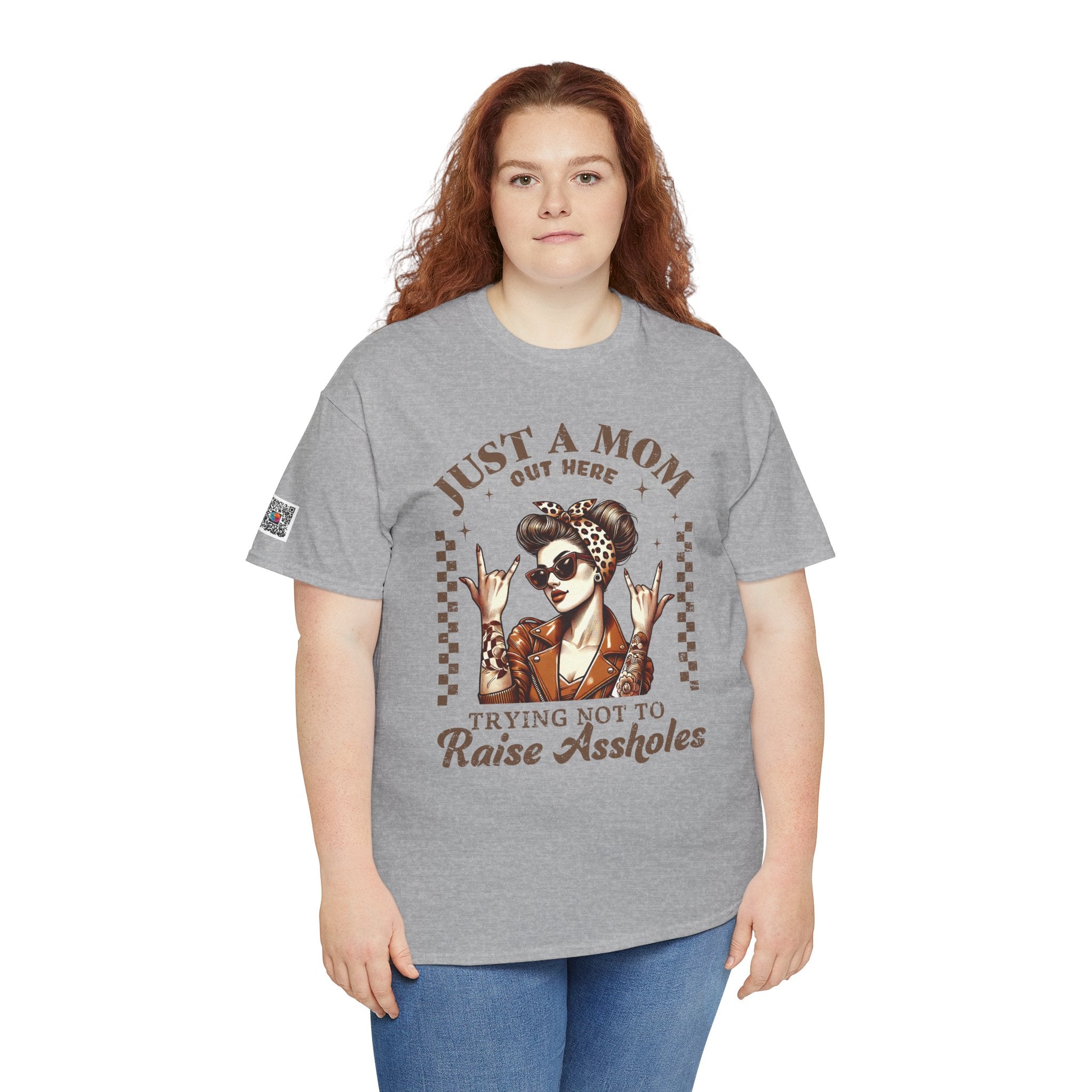 Just a Mom Trying Not to Raise A**holes – Funny Real Life Mom Tee, Trendy Graphic Shirt | Cr8tive Designs