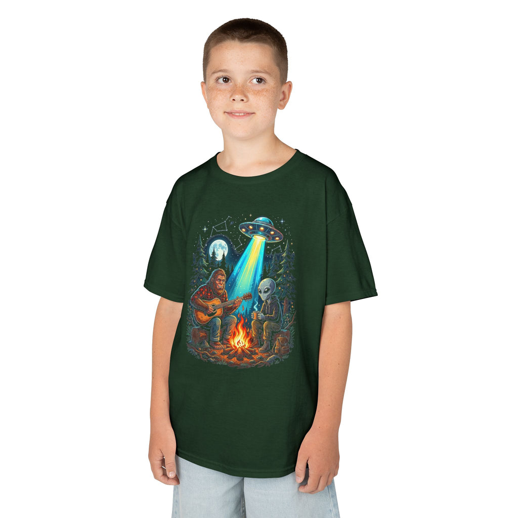 Bigfoot and Alien Campfire Youth T-Shirt | Retro UFO Campfire Boys Tee | Cr8tive Designs