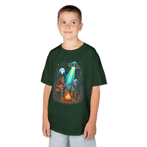 Bigfoot and Alien Campfire Youth T-Shirt | Retro UFO Campfire Boys Tee | Cr8tive Designs